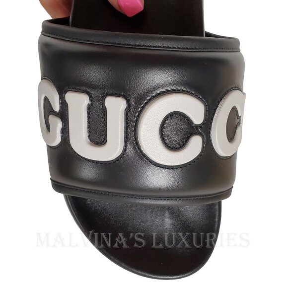 GUCCI SHOES MENS BLACK LEATHER JUMBO LOGO SLIDES FLATS SANDAL sz 8 / 8.5 US - Picture 10 of 15